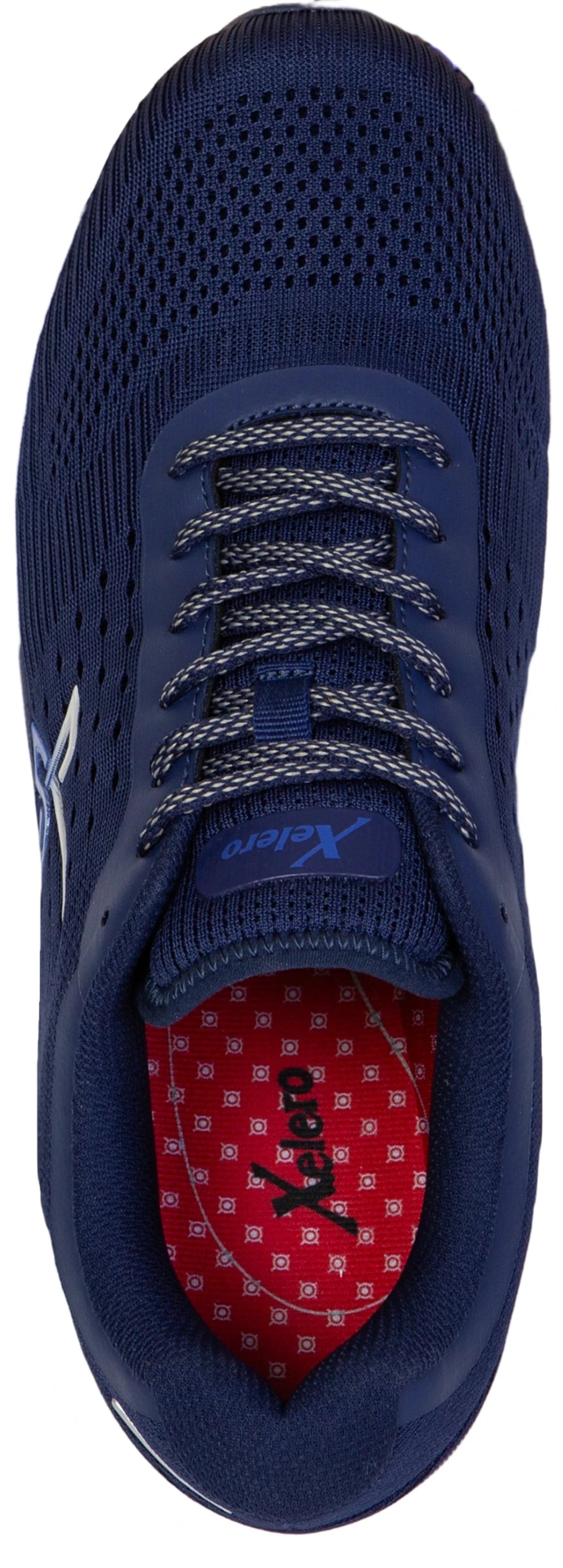 Navy blue athletic shoe with red interior on a white background