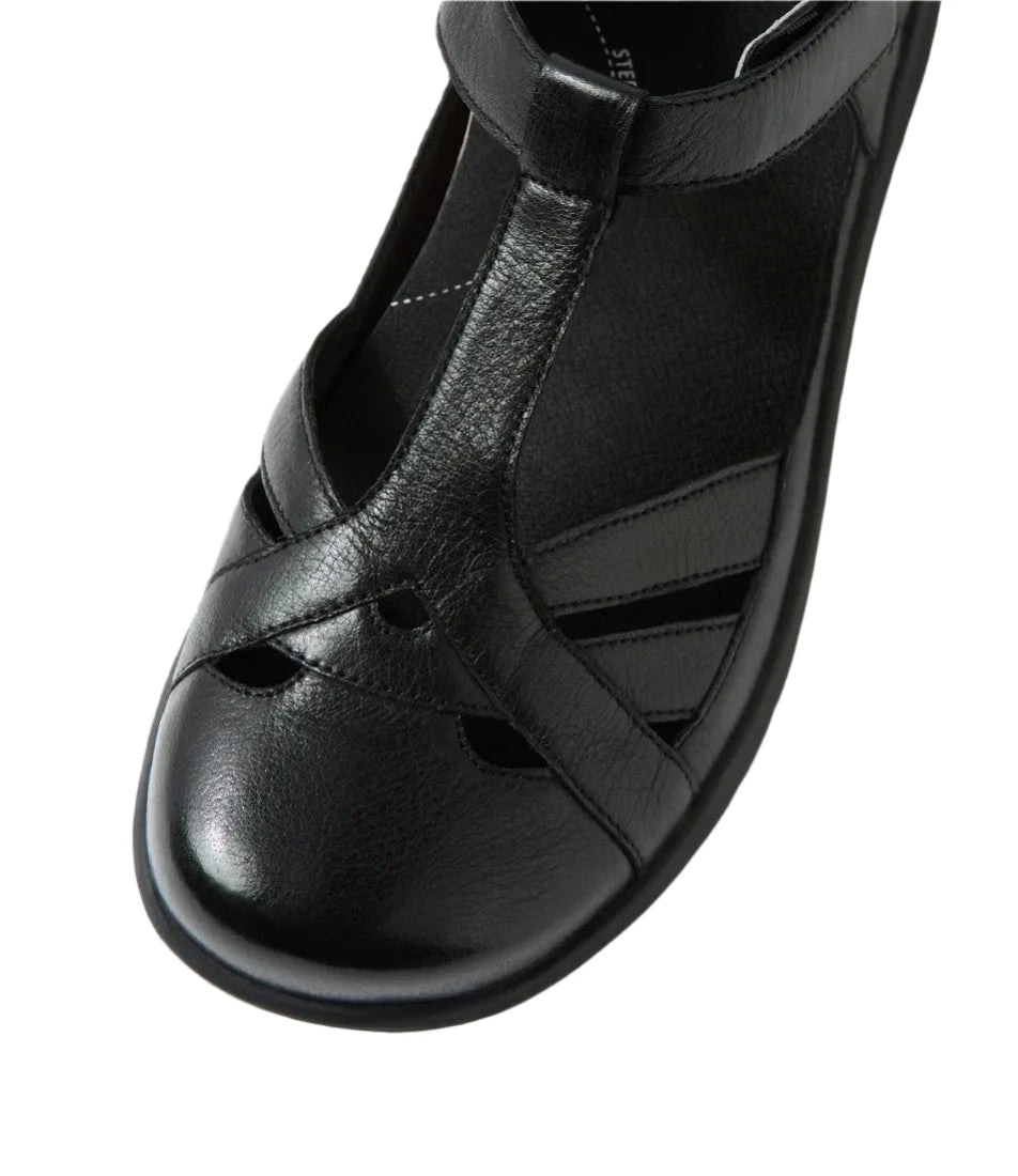 Black sandal with multiple straps on a white background