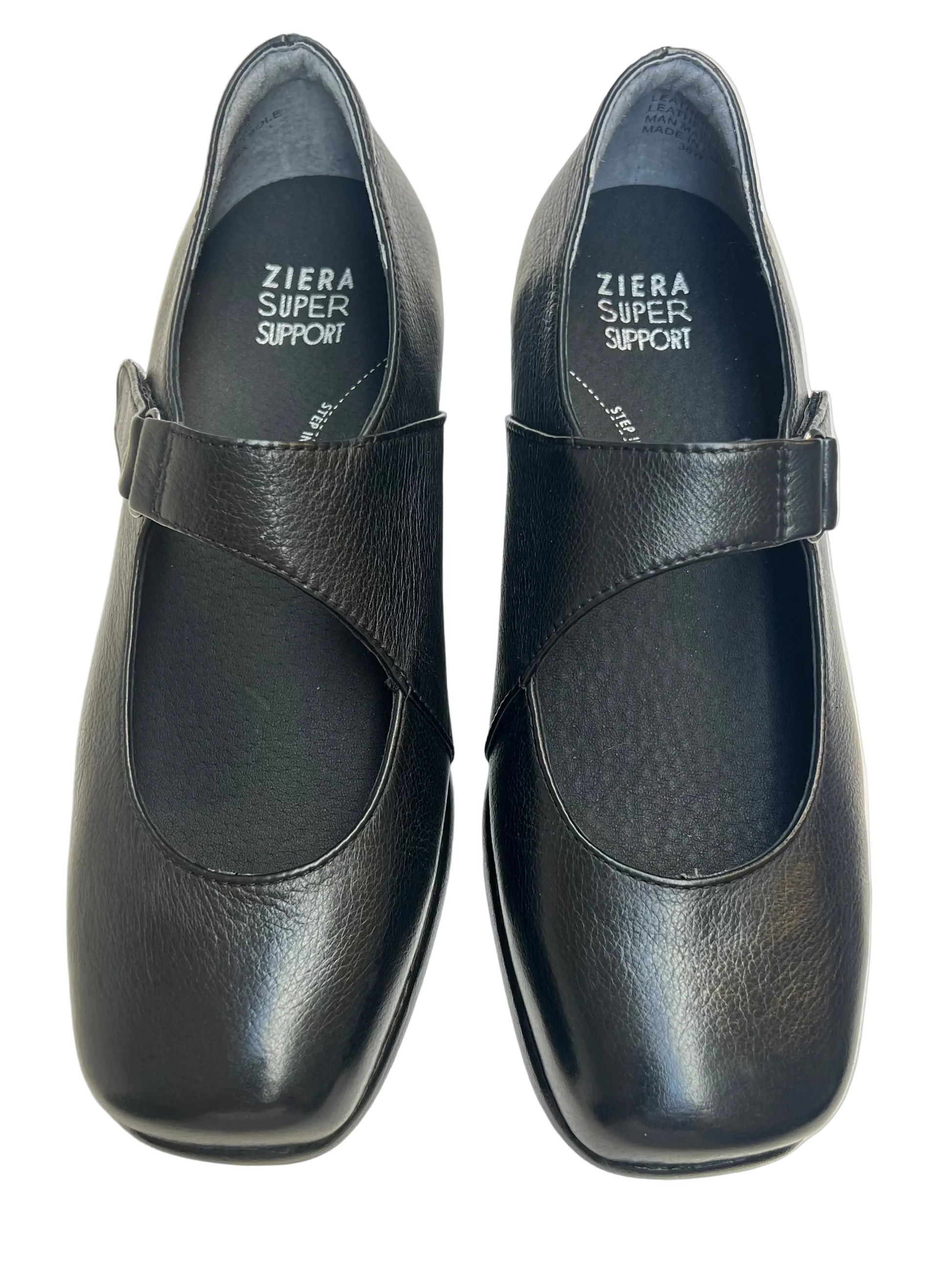 Pair of black Ziera Super Support shoes on a light background